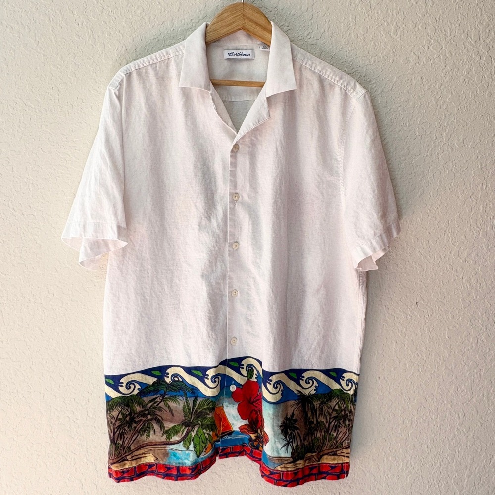 Caribbean Tropical Beach Scene‎ Linen Blend Shirt Mens XL White
